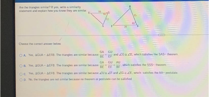 Are the triangles similar? If yes, write a similaritystatement and explain how you-example-1