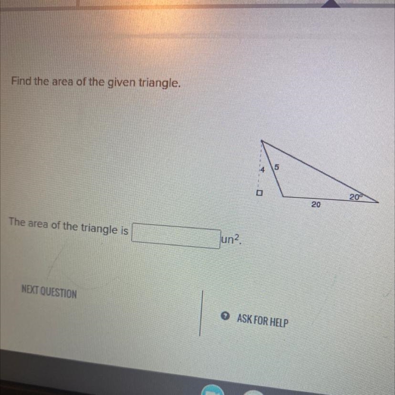 Find the area of the given triangle. The area of the triangle is __ un^2.-example-1