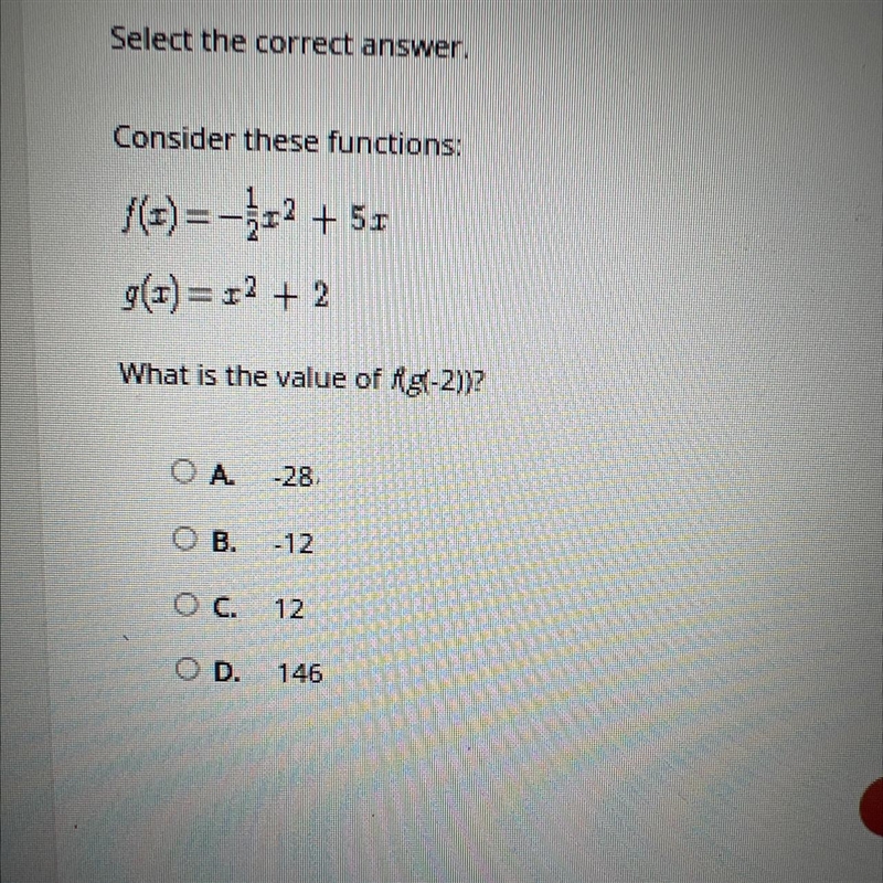 Consider these functions:/(=) =-{=2 + 51g(I) = =2 + 2What is the value of fg(-2))?-example-1