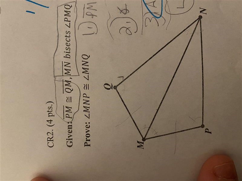 Given: Line PM is congruent to line QM, line MN bisects angle PMQ Prove: Angle MNP-example-1