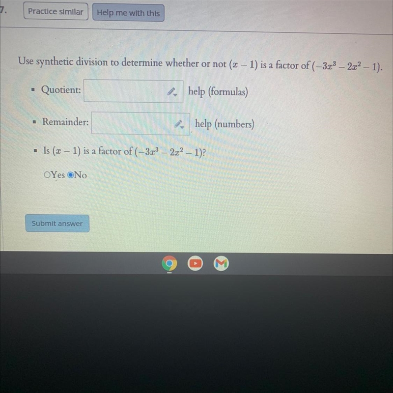 Use synthetic division to determine whether or not (2 – 1) is a factor of (-32% – 2x-example-1