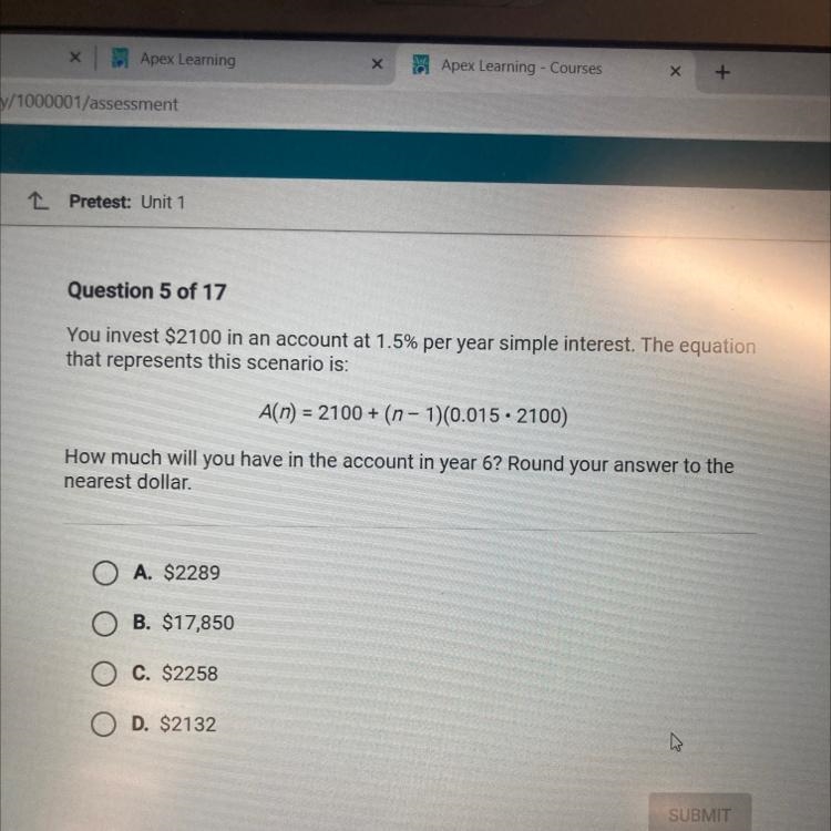 You invest $2100 in an account at 1.5% per year simple interest. The equation that-example-1