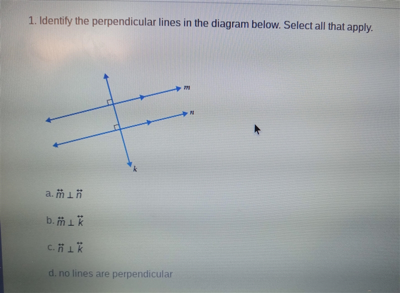 Identify the perpendicular lines in the diagram below. select all that apply-example-1