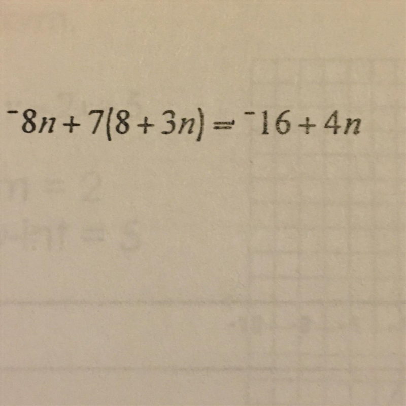 Solve equation -8n+7(8+3n)=-16+4n-example-1