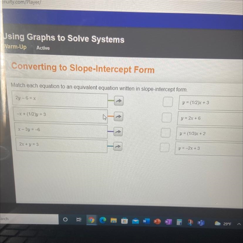 converting to slope intercept formmatch each equation to an equivalent equation written-example-1