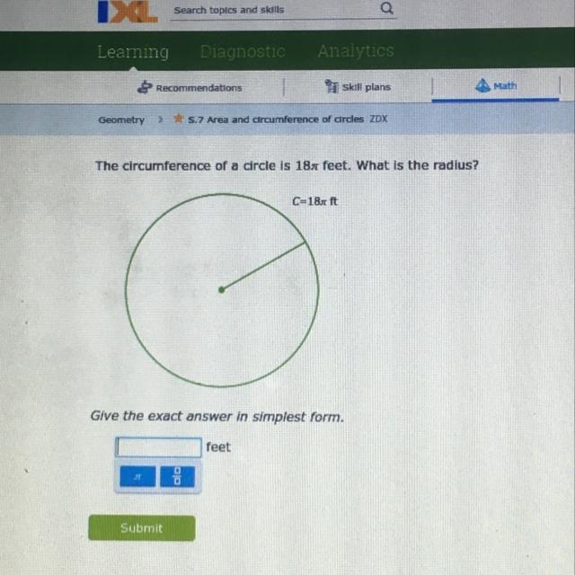 The circumference of a circle is 18pi feet. What is the radius?-example-1