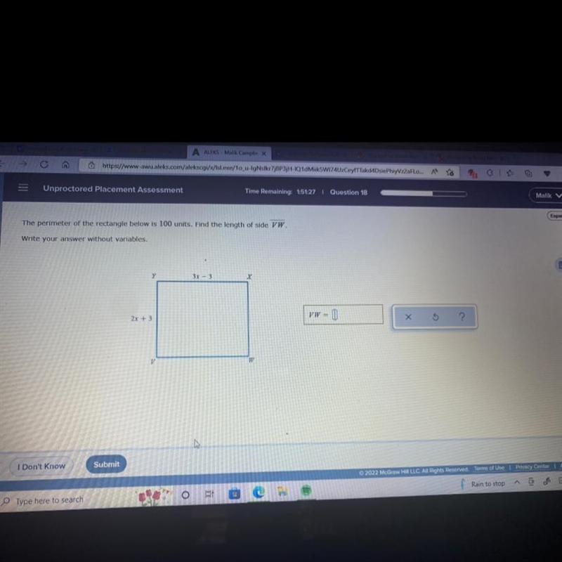 The perimeter of the rectangle below is 100 units. Find the length of side VW ?-example-1