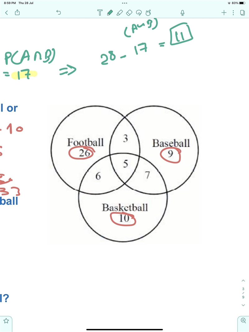 17. What is the probability that the student will play football and baseball? (a) 28 /33 (b-example-1