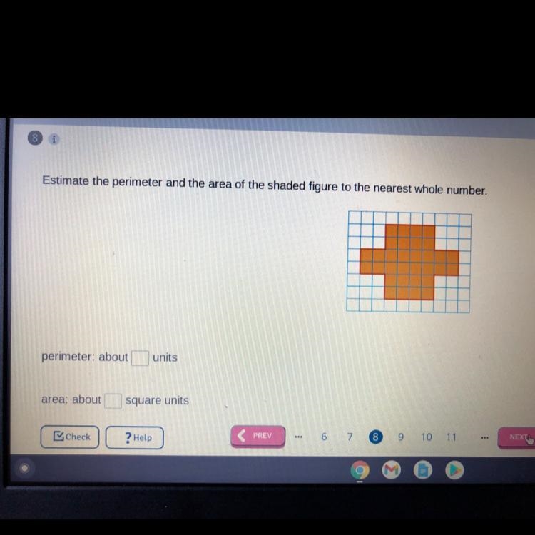 Estimate the perimeter and the area of the shaded figure to the nearest whole number-example-1