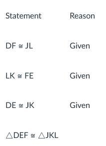 Given DEF andJKL and the information in the table. What statement completes the table-example-1