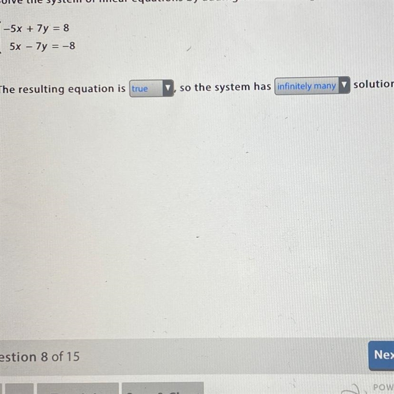 Is my equation and answer correct?Solve the system of linear equations by adding or-example-1