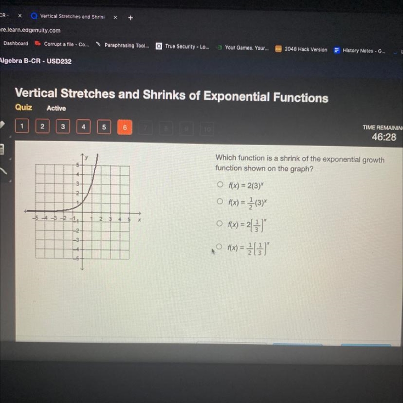 Which function is a shrink of the exponential growth function shown on the graph?.-example-1