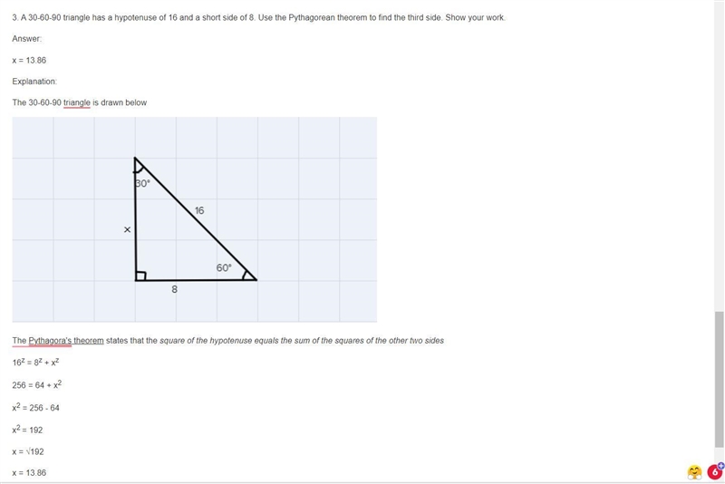 4. A 30-60-90 triangle has a hypotenuse of 16 and a short side of 8. Use special right-example-1