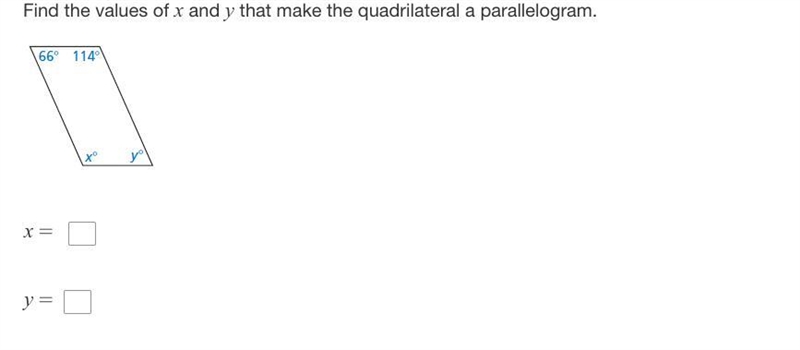 Find the values of x and y that make the quadrilateral a parallelogram.-example-1