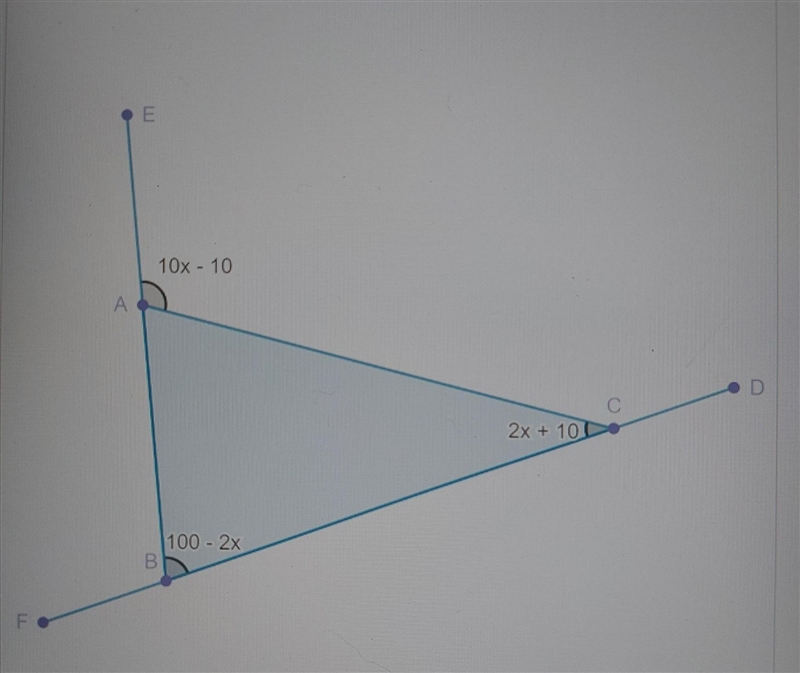 14. What is the measure of ZABC in the image shown? OE A B 10x - 10 100 - 2x 2x + 10 C-example-1