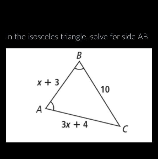 In the isosceles triangle, solve for side AB Please help me-example-1