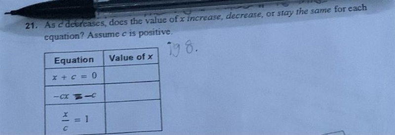 As c decreases,does the value of x increase,decrease,or stay the same for each equation-example-1