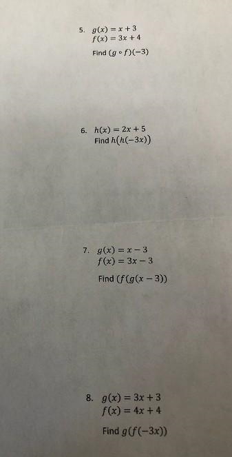 Step by step explanations for the following g(x)=4x-5 f(x)= -2x-3 find (f•g) (-8) and-example-1