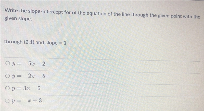 Write the slope-intercept for of the equation of the line through the given point-example-1