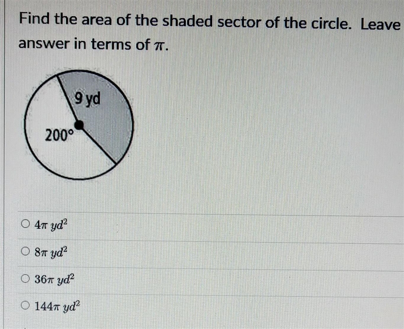 Find the area of the shaded sector of the circle. Leave your answer in terms of \pi-example-1