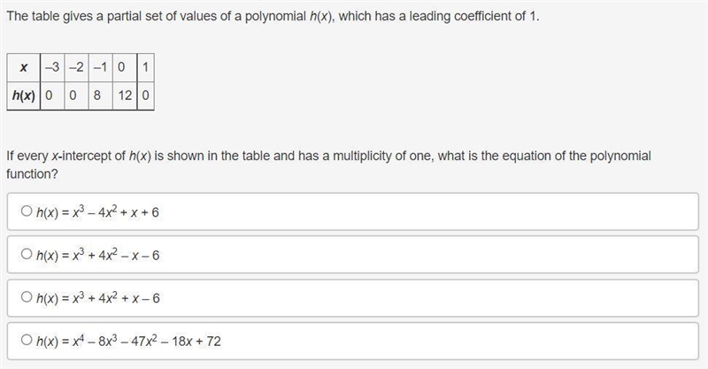 The table gives a partial set of values of a polynomial h(x), which has a leading-example-1