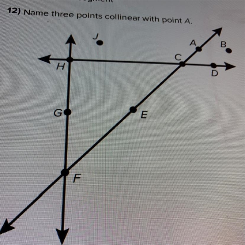 12) Name three points collinear with point A.-example-1