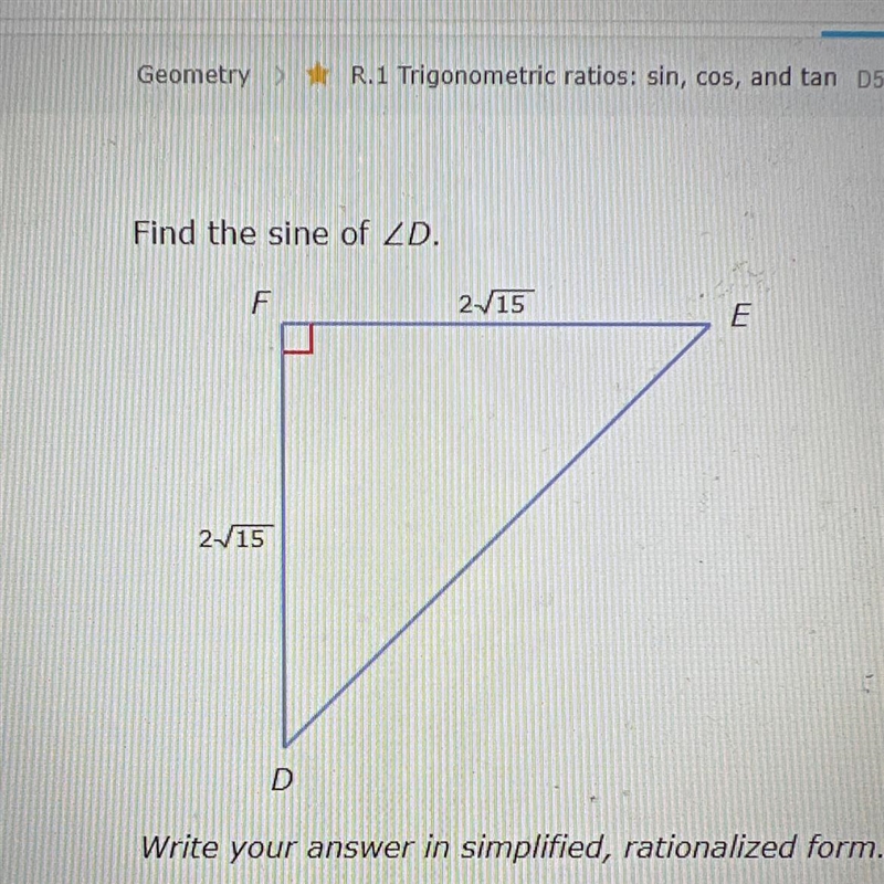 Find the sine of ZD. F 2√15 D 2-√15 E-example-1