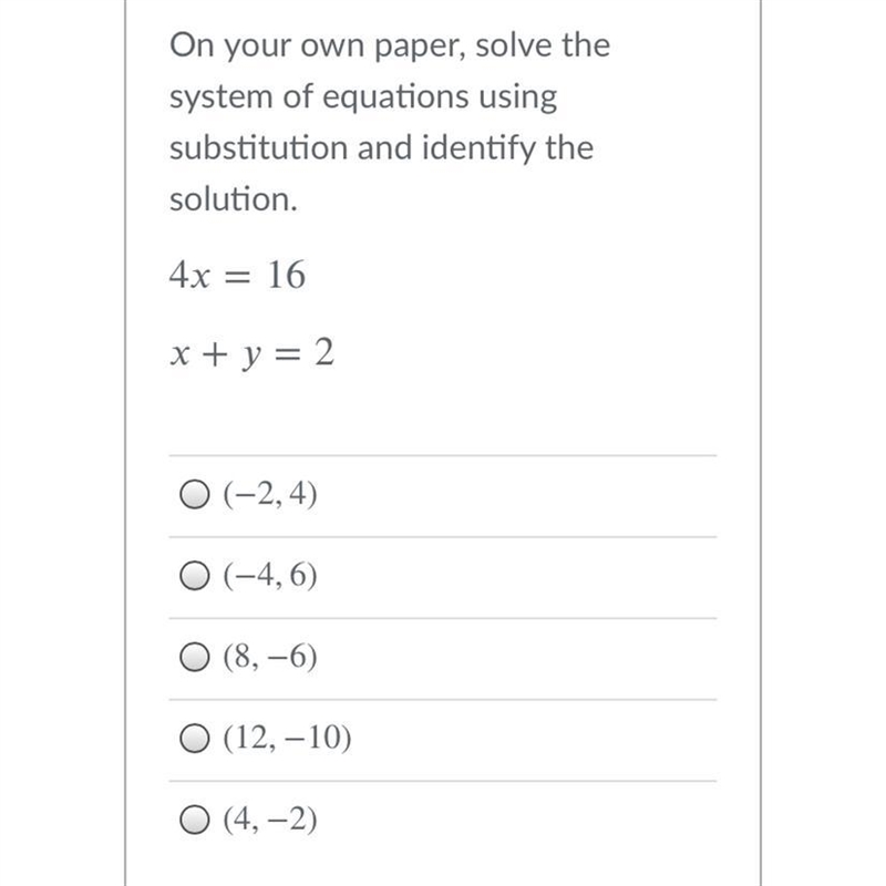 On your own paper, solve the system of equations using substitution and identify the-example-1