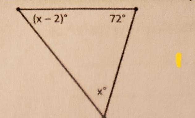 find the measure of the angles in the following triangles.x=______missing angle measures-example-1