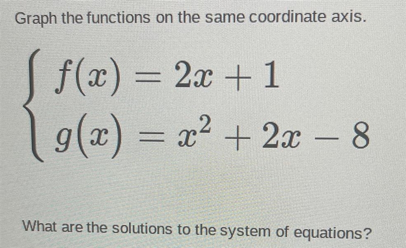 Graph the functions on the same coordinate axis.=S f(x) = 2x + 11 g(x) = x2 + 2x – 8-example-1