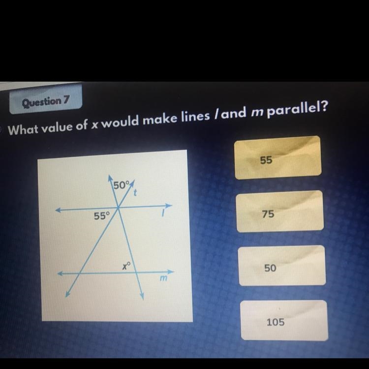 What is the value of x would make lines l and m parrallel-example-1