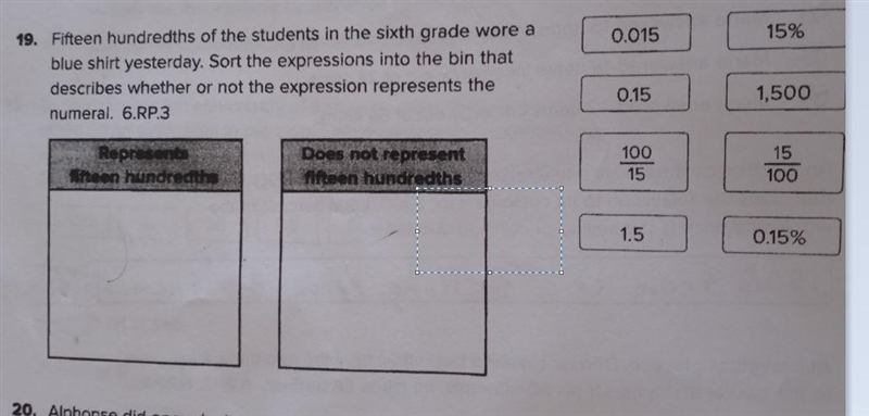 0015 15% . Fifteen hundredths of the students in the sixth grade wore a blue shirt-example-1