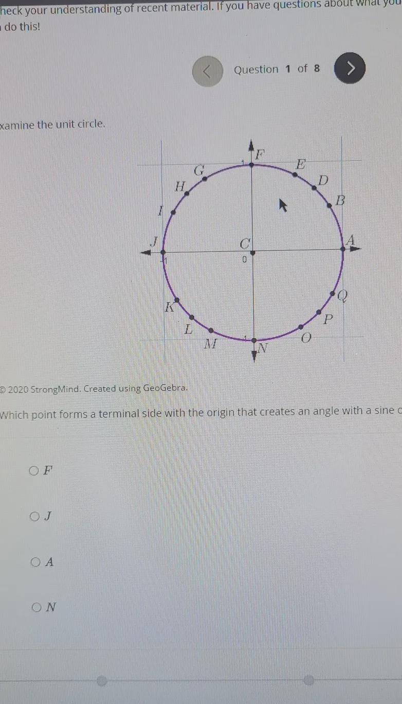 which point forms a terminal side with the orgin that creates an angle with a sine-example-1