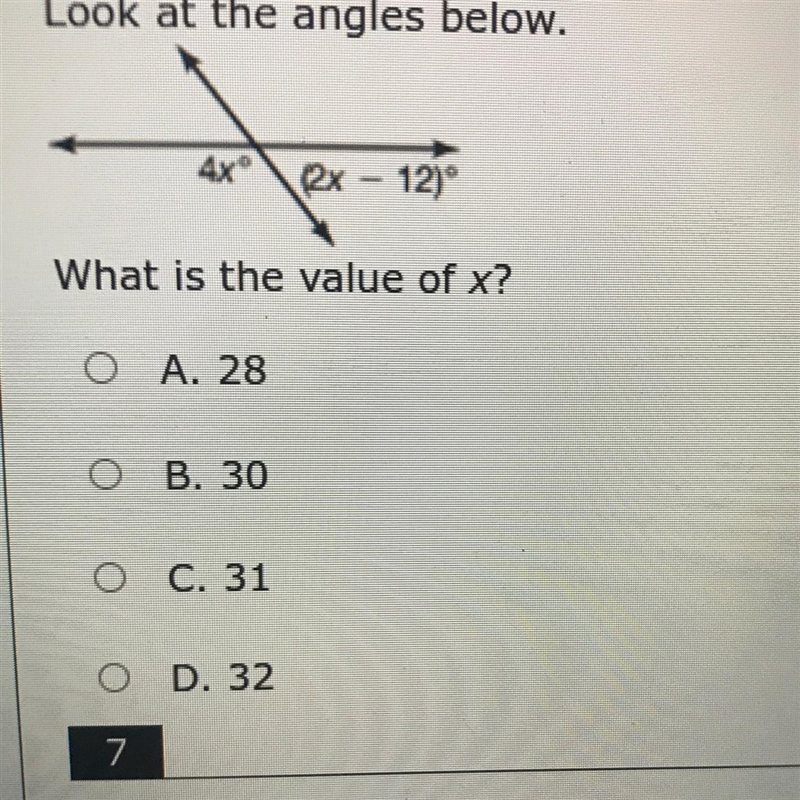 Look at the angles below. What is the value of x?-example-1