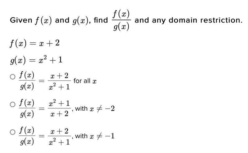 Given f(x) and g(x), find f(x)g(x) and any domain restriction.-example-1