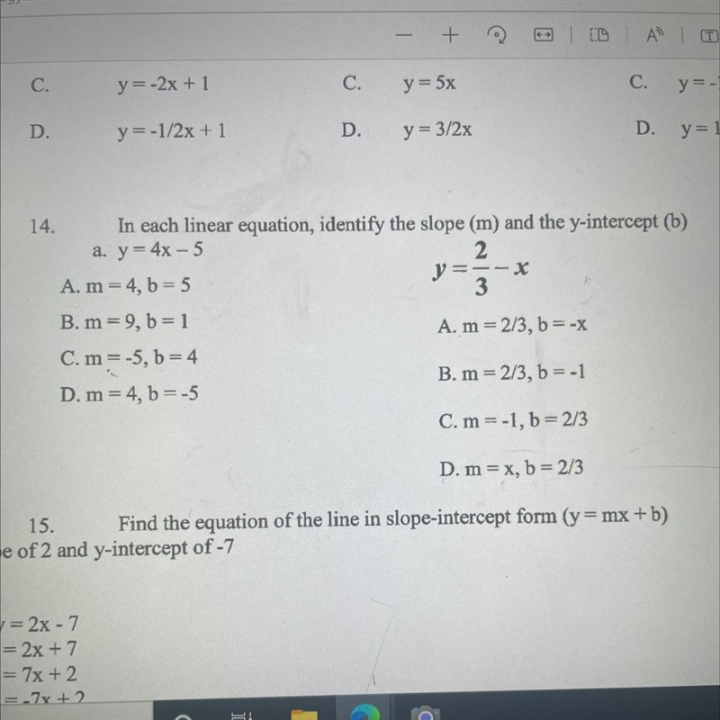 In each linear equation identify the slope (m) and the y-intercept (b)-example-1