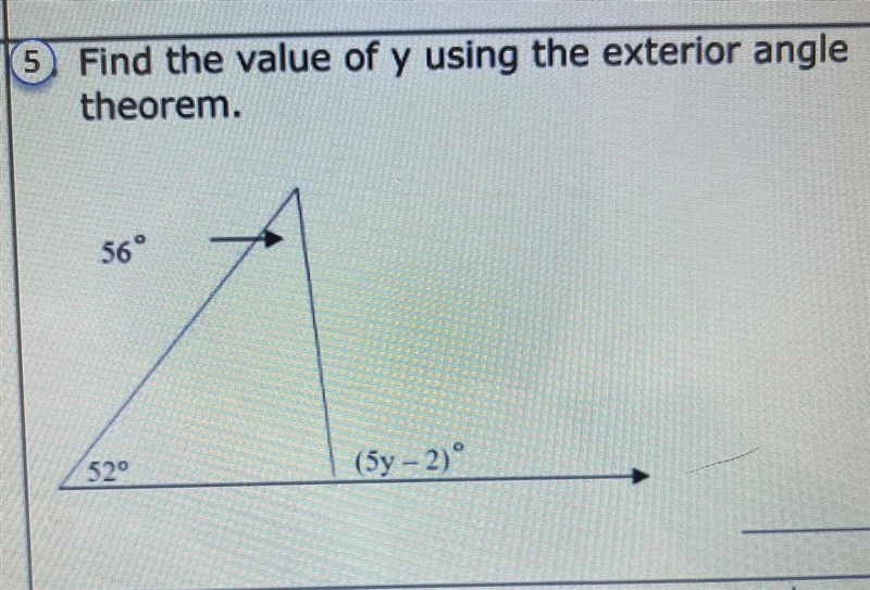 5. Find the value of y using the exterior angle theorem.-example-1