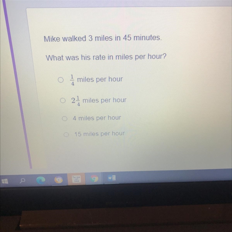 Mike walked 3 miles in 45 minutes. What was his rate in miles per hour? miles per-example-1