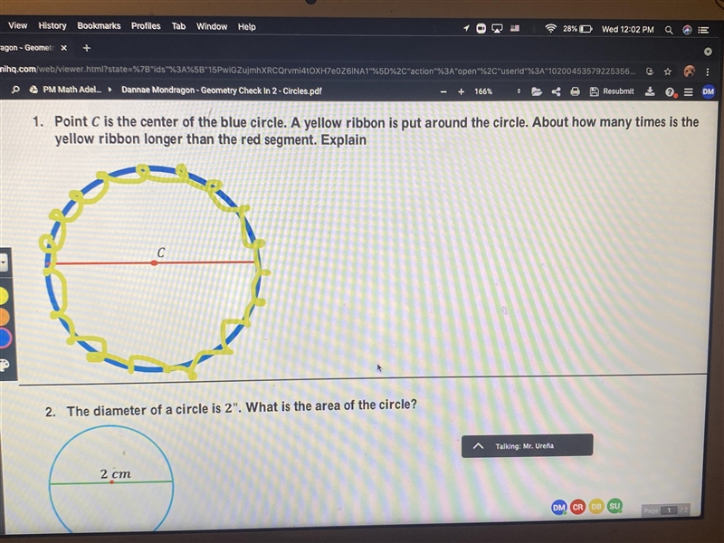 1. Point C is the center of the blue circle. A yellow ribbon is put around the circle-example-1