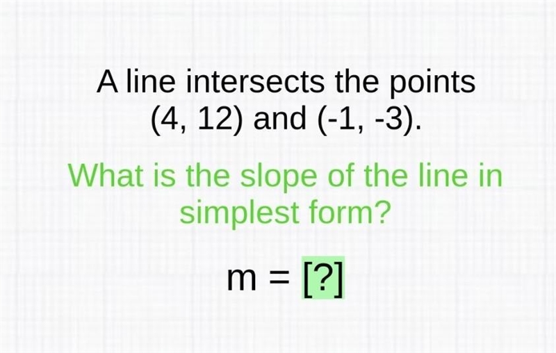 A line intersects the points (4, 12) and (-1, -3). What is the slope of the line in-example-1