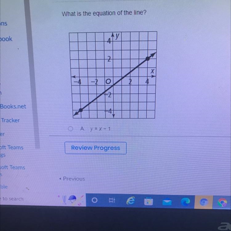 What is the equation of the line A y= x- 1 B y= 4/3 x - 1 C y= 3/4 x - 1 D y= -4/3 x-example-1