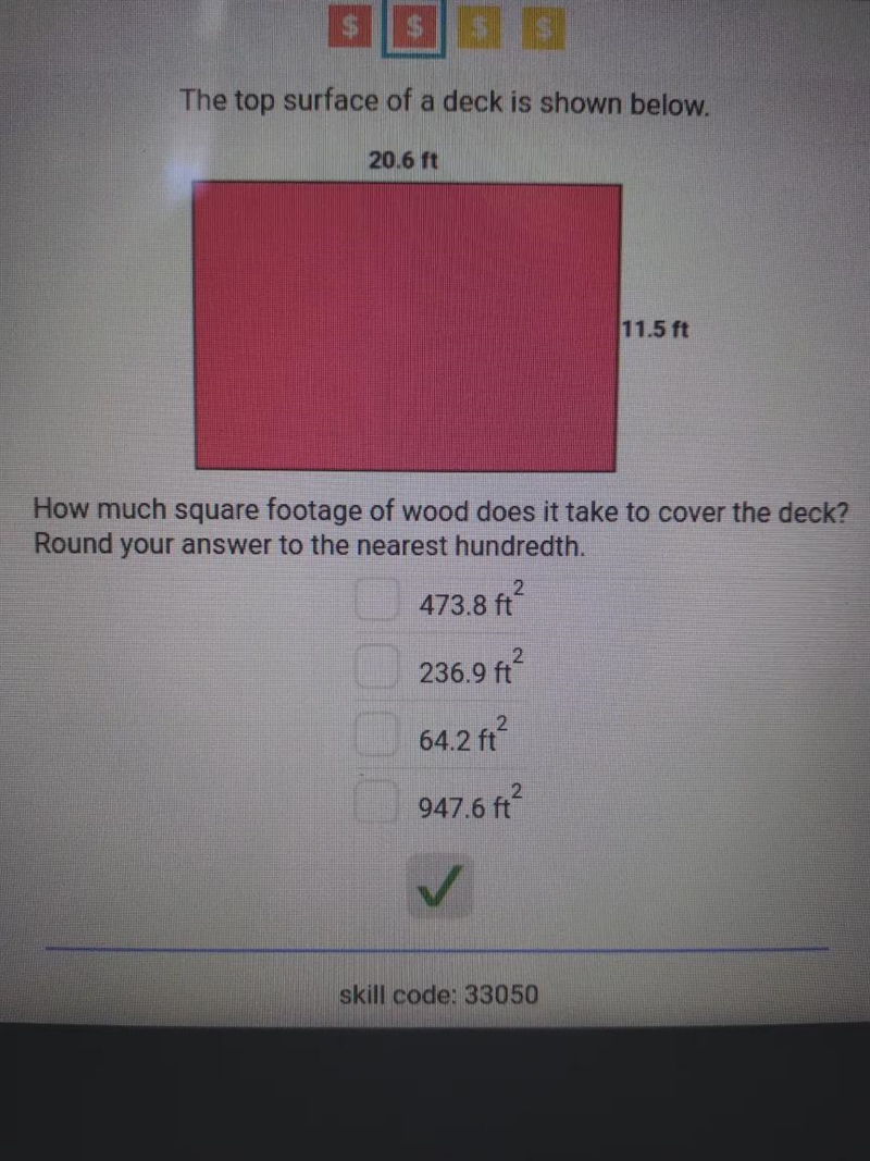 how much squad footage of wood for sit take to cover the deck? Round to nearest hundredth-example-1