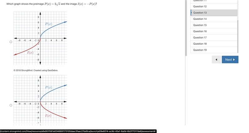 Which graph shows the preimage P(x)=2x√ and the image I(x)=−P(x)?-example-1