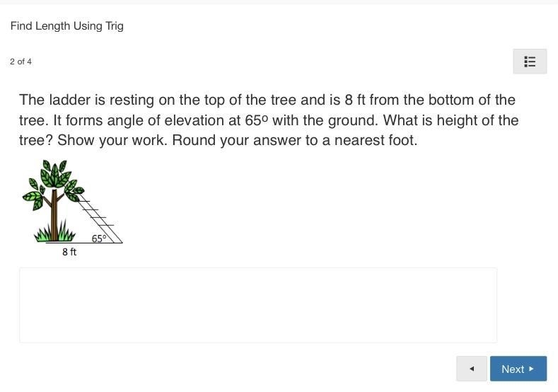 The ladder is resting on the top of the tree and is 8 ft from the bottom of the tree-example-1