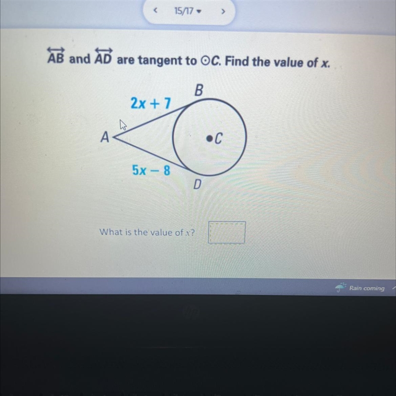 AD are tangent to OC. Find the value of x. NEED HELP WITH THIS QUESTION QUICK!!!-example-1