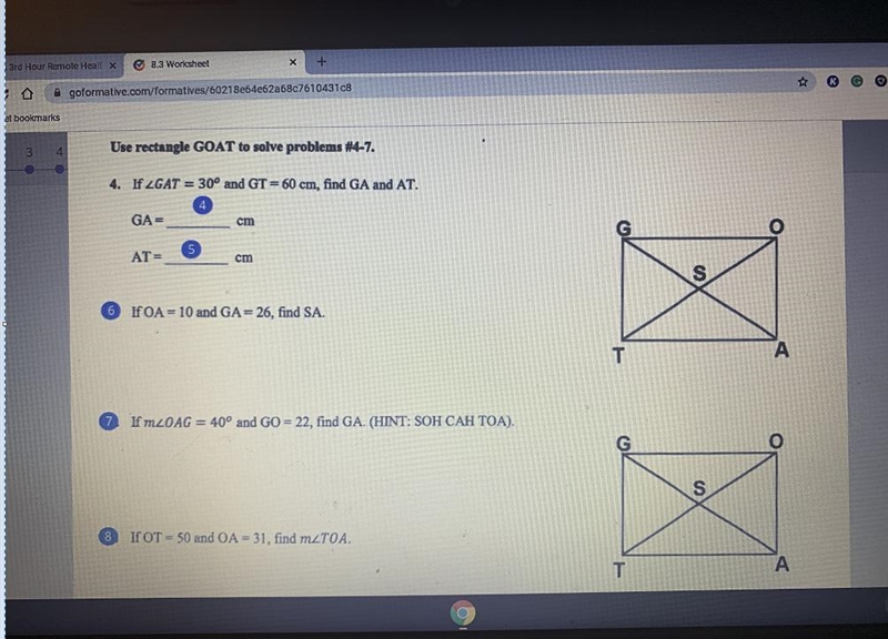 If the measure of angle GAT equals 30° and GT equals 60 cm, find GA and ATsolve number-example-1