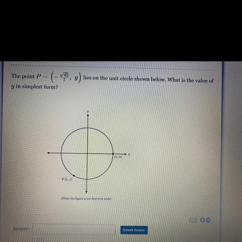 The point P=(-45(square root)/7,y) lies on the unit circle shown below. What is the-example-1