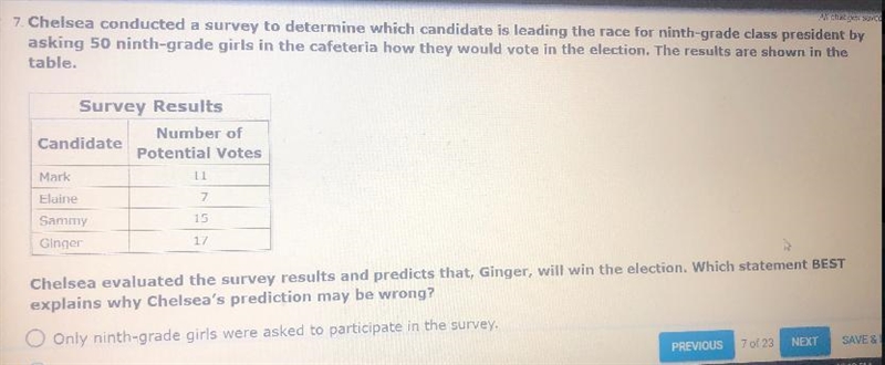 7. Chelsea conducted a survey to determine which candidate is leading the race for-example-1