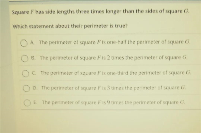 Square F has side lengths three times longer than the sides of square G. Which statement-example-1