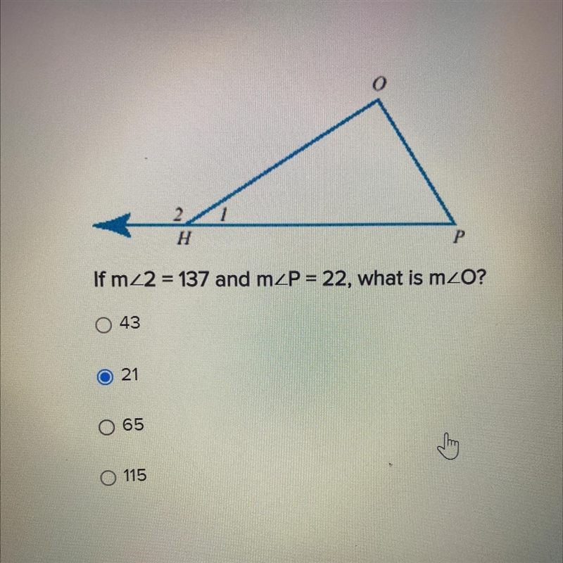 If m<2 = 137 and m< P = 22, what is m < o?-example-1